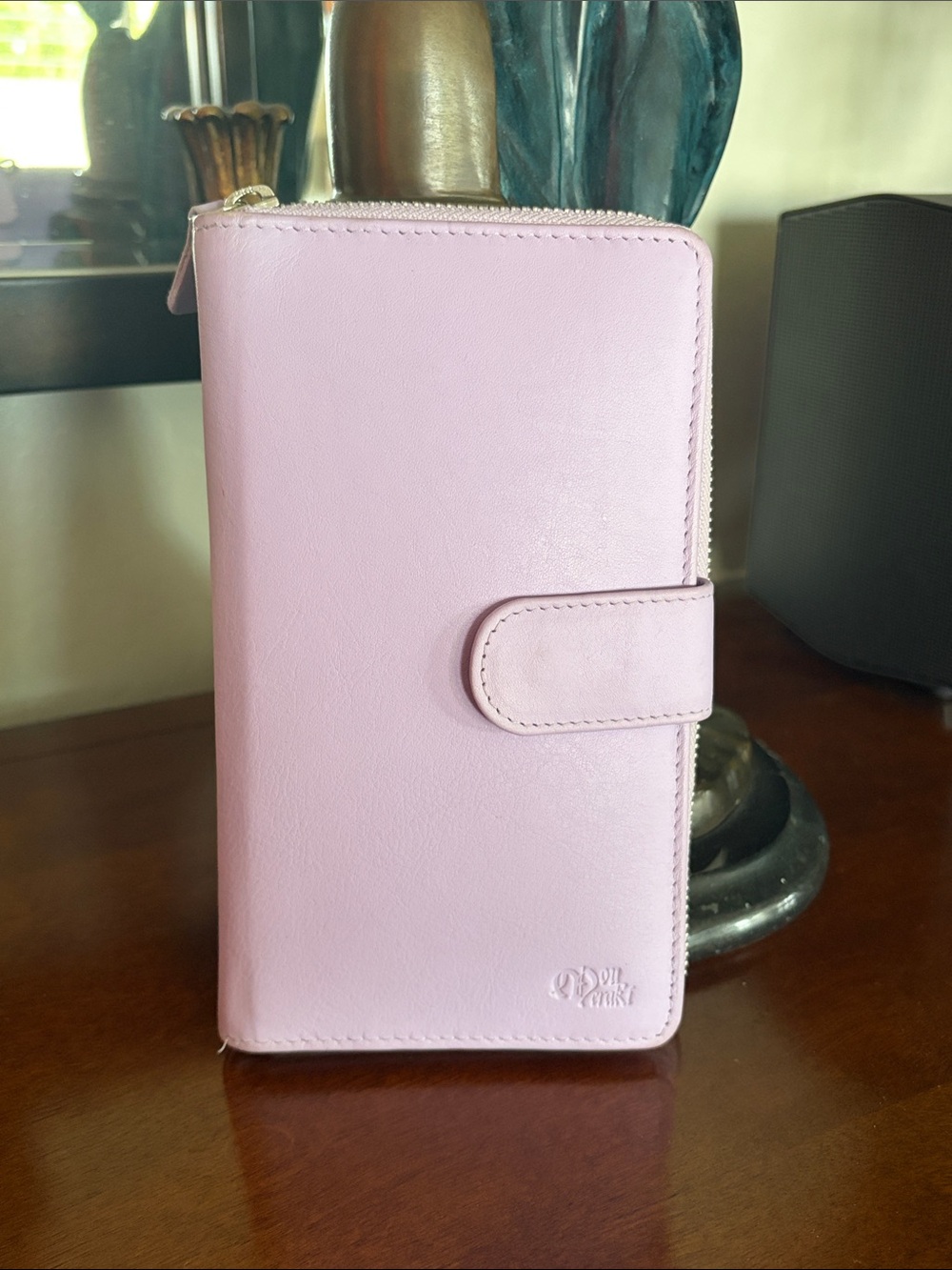 Mou Meraki Leather Lavender Zippered Wallet with Snap Strap-RIFD